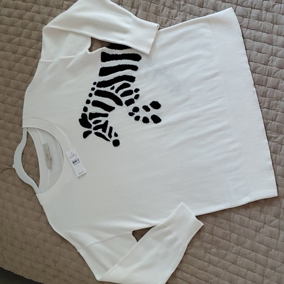 LOFT Sweaters - Loft Zebra Sweater, Cotton, 3/4 Sleeve, Crew Neck, Ribbed Hem, Cream, Small, NWT